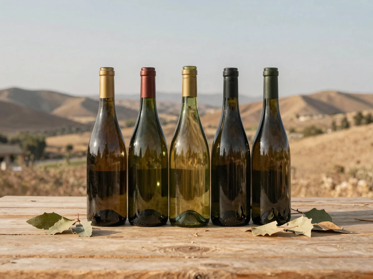 Fotografía editorial de botellas y etiquetas de vino sobre una superficie de madera clara, con hojas de vid secas y lade