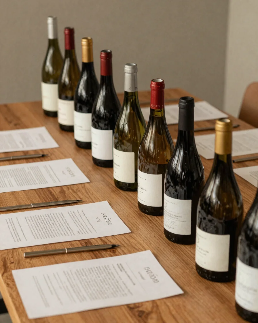 Fotografía editorial de una mesa de trabajo con botellas de vino y documentos de etiqueta, luz natural cálida y seca, to
