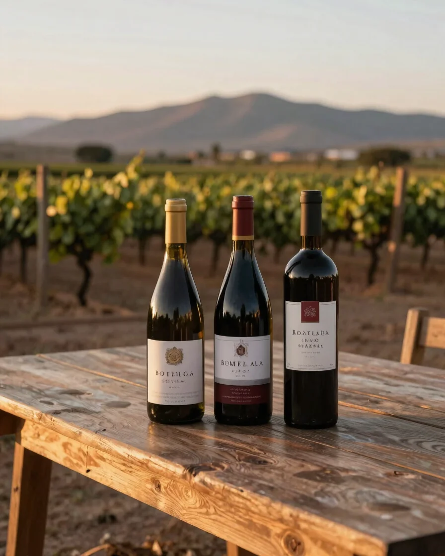Botellas de vino tinto y etiquetas sobre una mesa de madera junto a un viñedo árido de Baja California al atardecer, luz